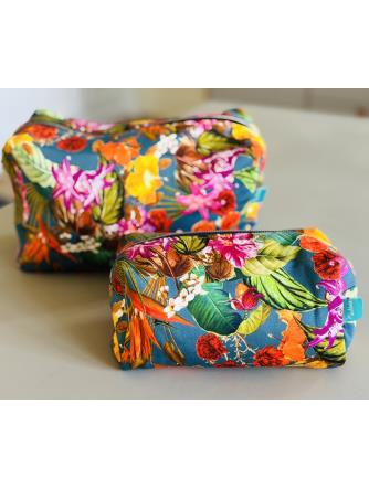 Toiletpung - Petrol/pink/rød/orange m/grafiske blomster - Mellem